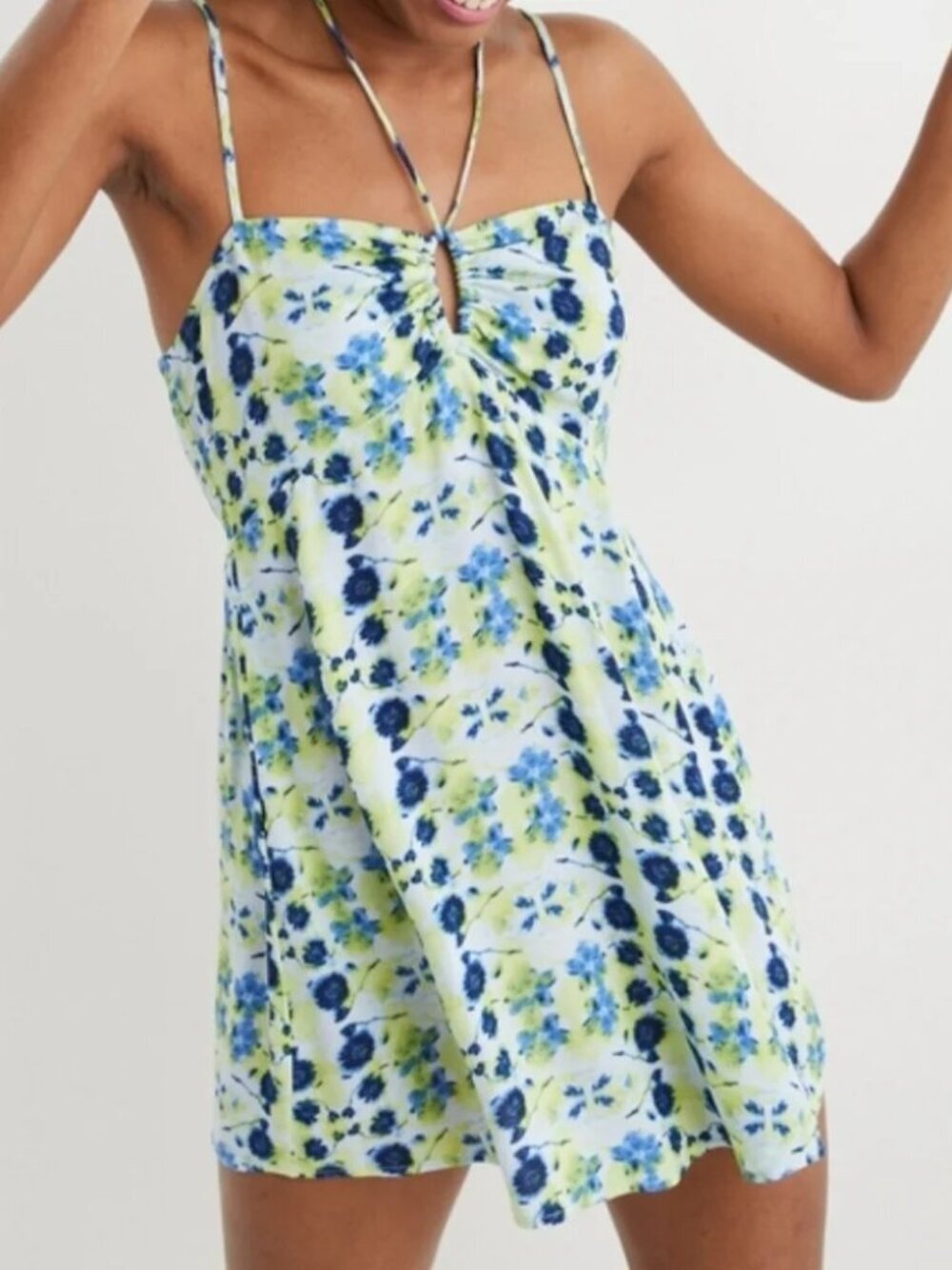 2/$30 Aerie Festival Printed Mini Dress Strappy Smocked Lime Slush Small #A2877